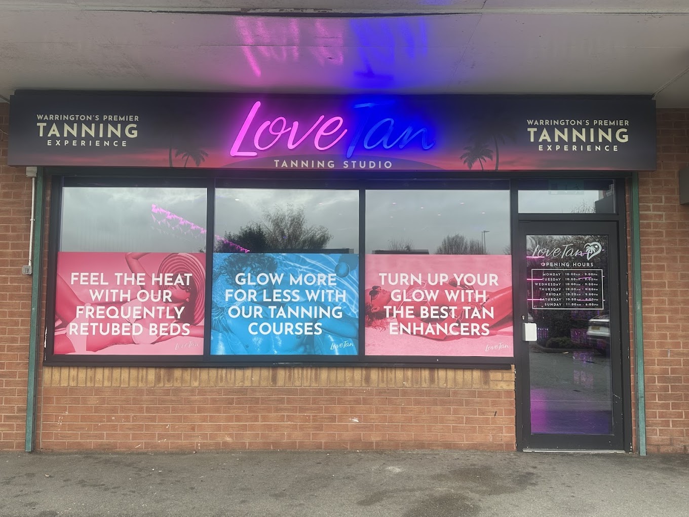 Love Tan storefront, Warrington's premier tanning experience at 4 Harrier Rd