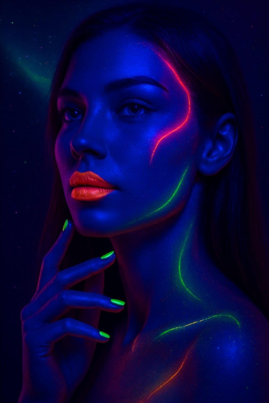Striking neon UV portrait, the Love Tan glow